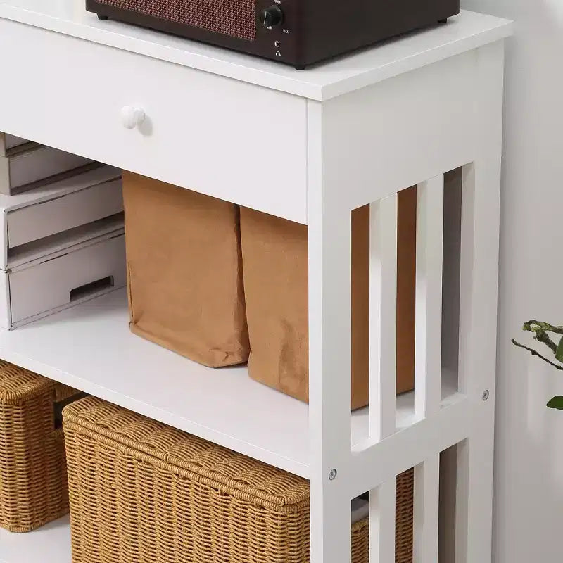Console Hallway Table with Pull Out Drawer and 2 Open Shelves Slatted Wood Frame