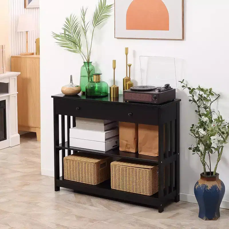 Console Hallway Table with Pull Out Drawer and 2 Open Shelves Slatted Wood Frame