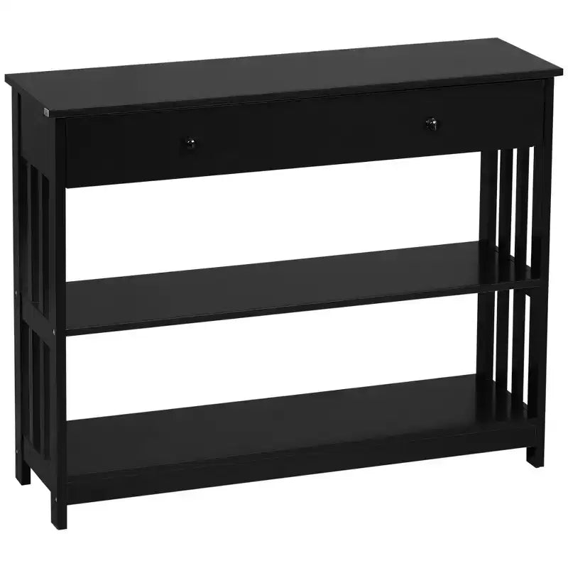 Console Hallway Table with Pull Out Drawer and 2 Open Shelves Slatted Wood Frame