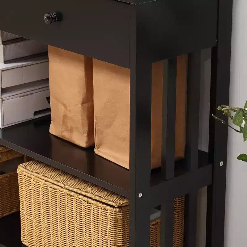 Console Hallway Table with Pull Out Drawer and 2 Open Shelves Slatted Wood Frame