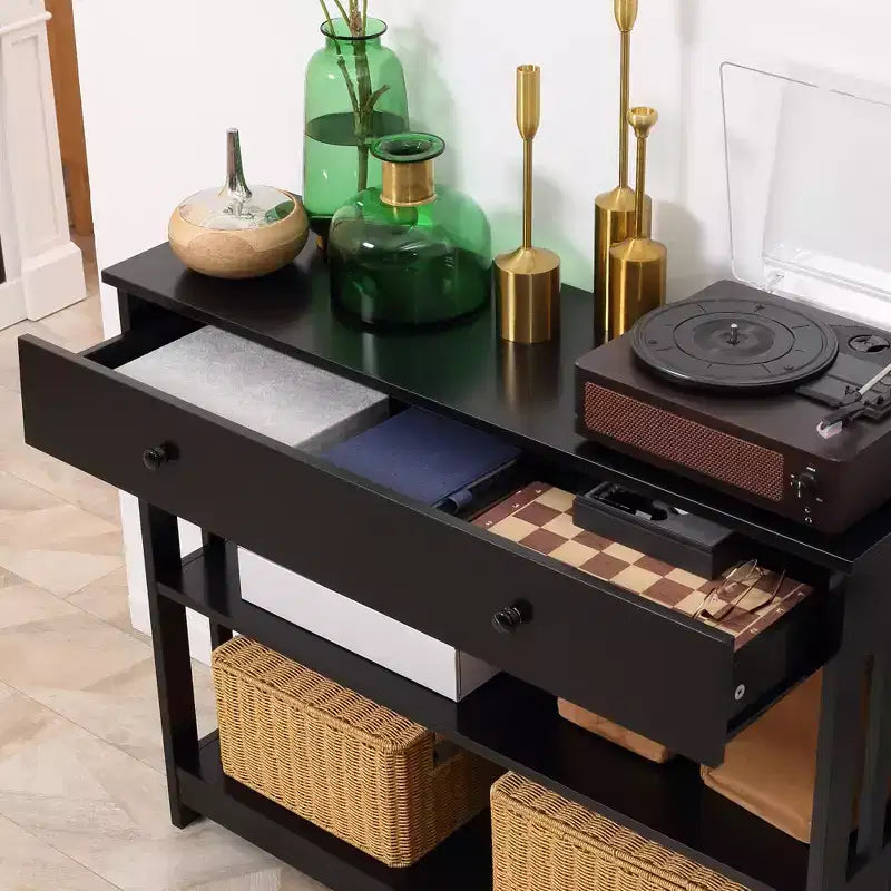 Console Hallway Table with Pull Out Drawer and 2 Open Shelves Slatted Wood Frame