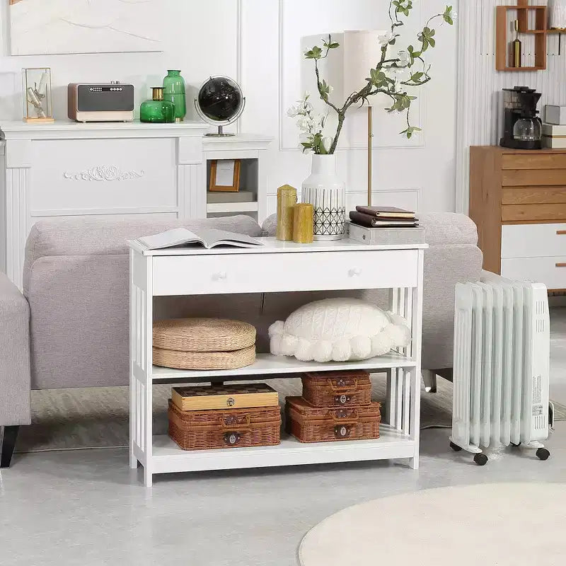Console Hallway Table with Pull Out Drawer and 2 Open Shelves Slatted Wood Frame