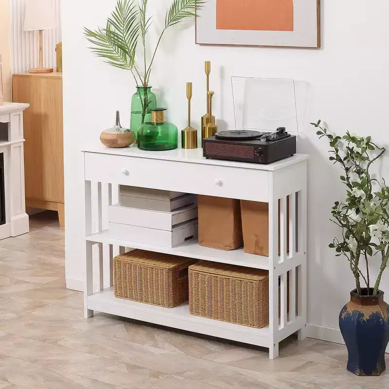 Console Hallway Table with Pull Out Drawer and 2 Open Shelves Slatted Wood Frame