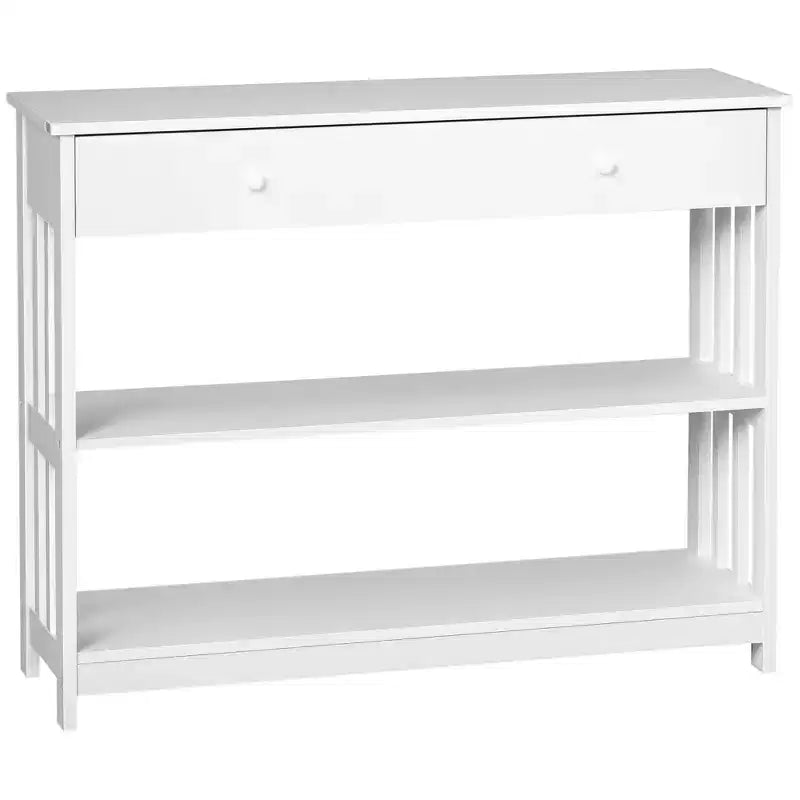 Console Hallway Table with Pull Out Drawer and 2 Open Shelves Slatted Wood Frame