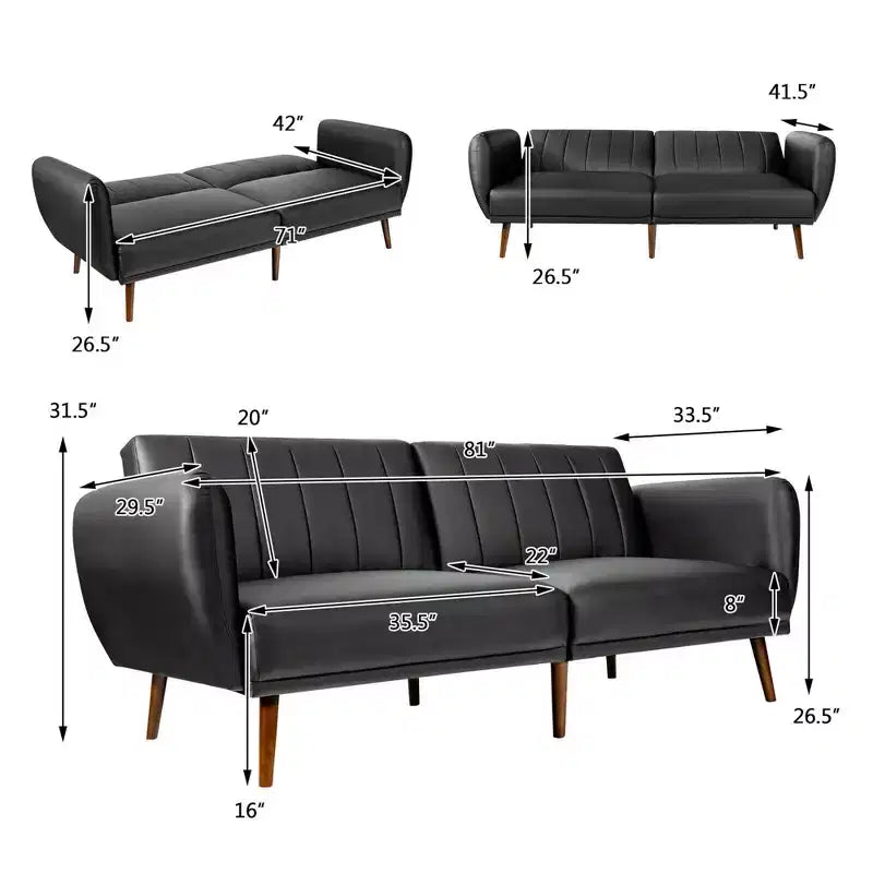 Convertible Futon Sofa Bed PU Adjustable Couch Sleeper w/Wood Legs