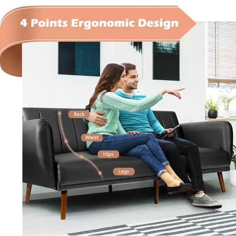 Convertible Futon Sofa Bed PU Adjustable Couch Sleeper w/Wood Legs