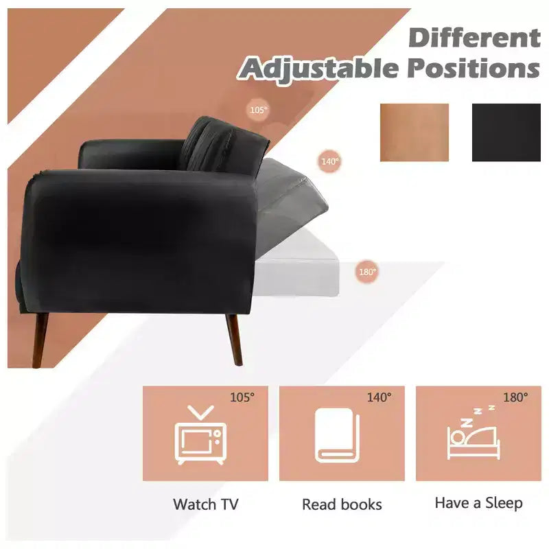 Convertible Futon Sofa Bed PU Adjustable Couch Sleeper w/Wood Legs