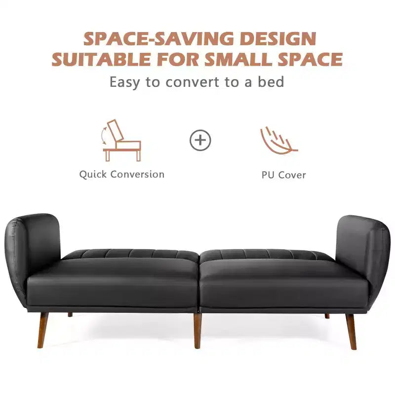 Convertible Futon Sofa Bed PU Adjustable Couch Sleeper w/Wood Legs