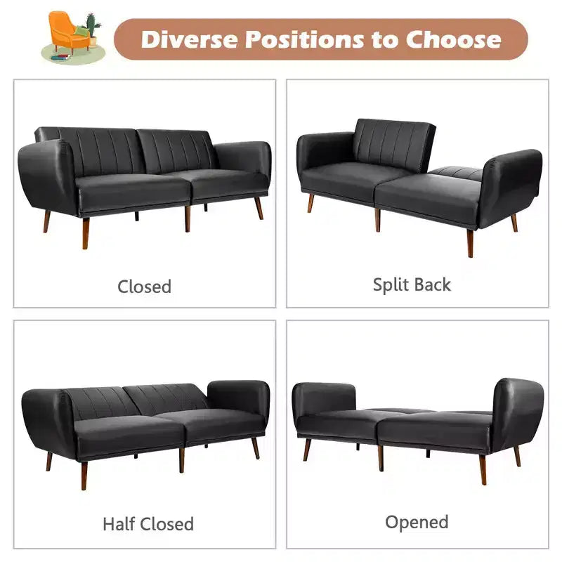 Convertible Futon Sofa Bed PU Adjustable Couch Sleeper w/Wood Legs