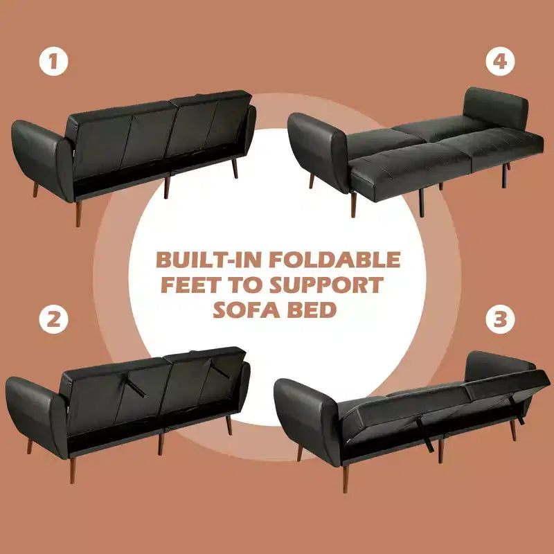 Convertible Futon Sofa Bed PU Adjustable Couch Sleeper w/Wood Legs