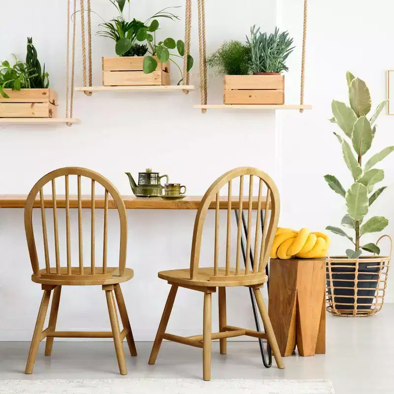 Ensemble de 2 chaises de salle à manger Windsor vintage en bois avec dossier à barreaux, finition naturelle