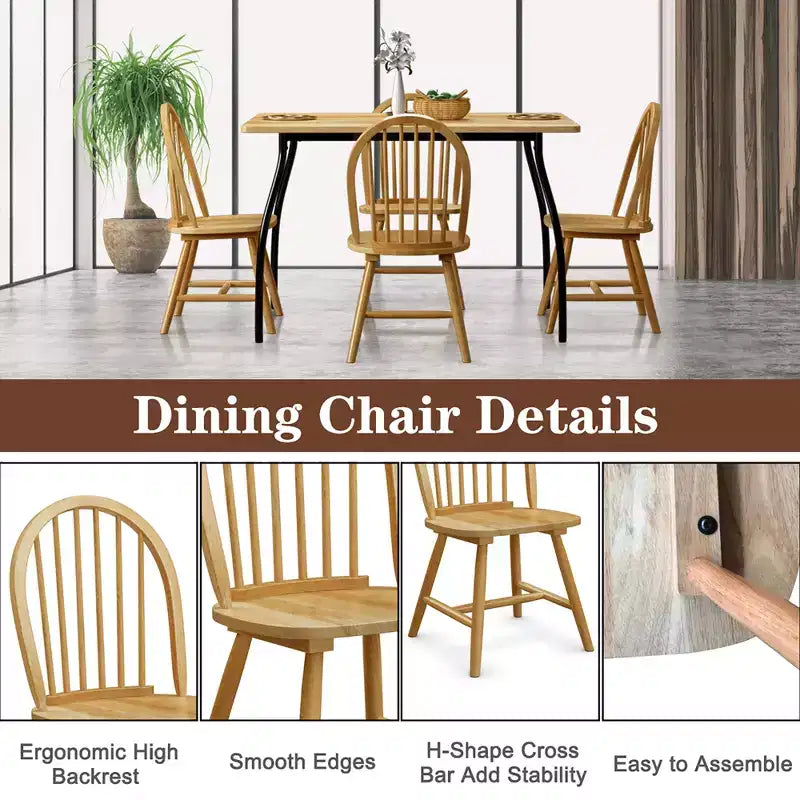 Ensemble de 2 chaises de salle à manger Windsor vintage en bois avec dossier à barreaux, finition naturelle