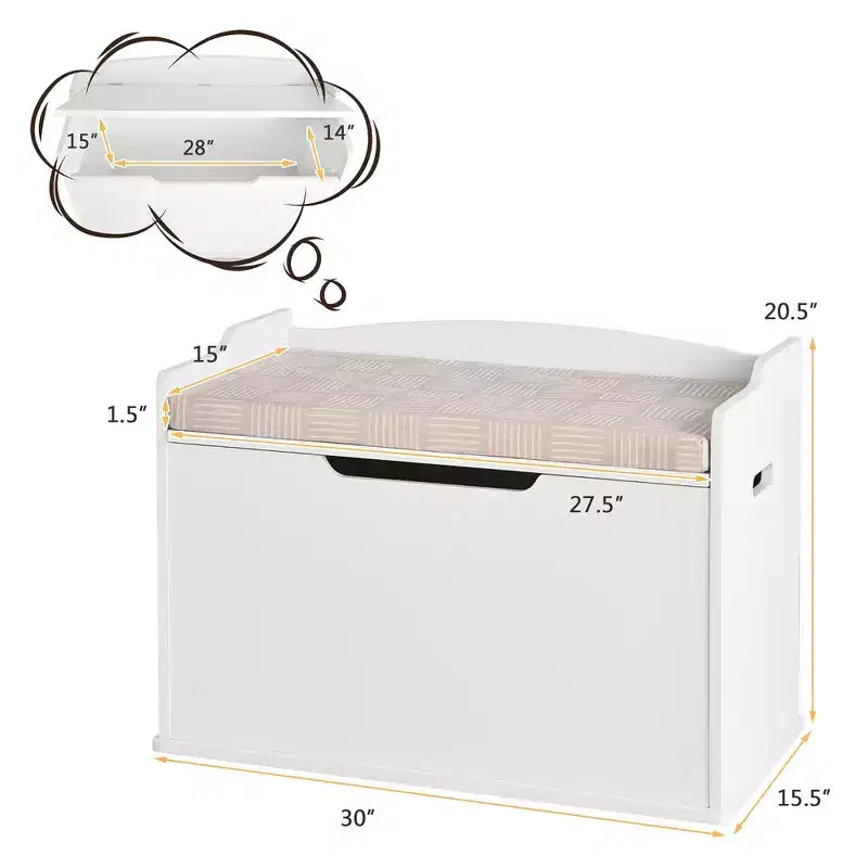 Wooden Toy Box Kids Storage Chest Lift Top Bench Seat with Cushion and Safety Hinge