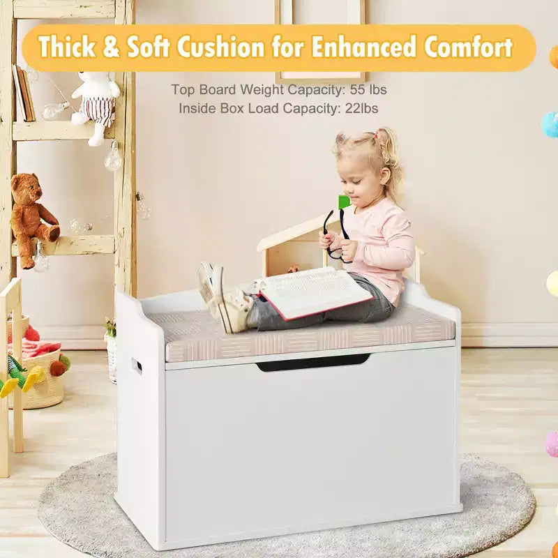Wooden Toy Box Kids Storage Chest Lift Top Bench Seat with Cushion and Safety Hinge