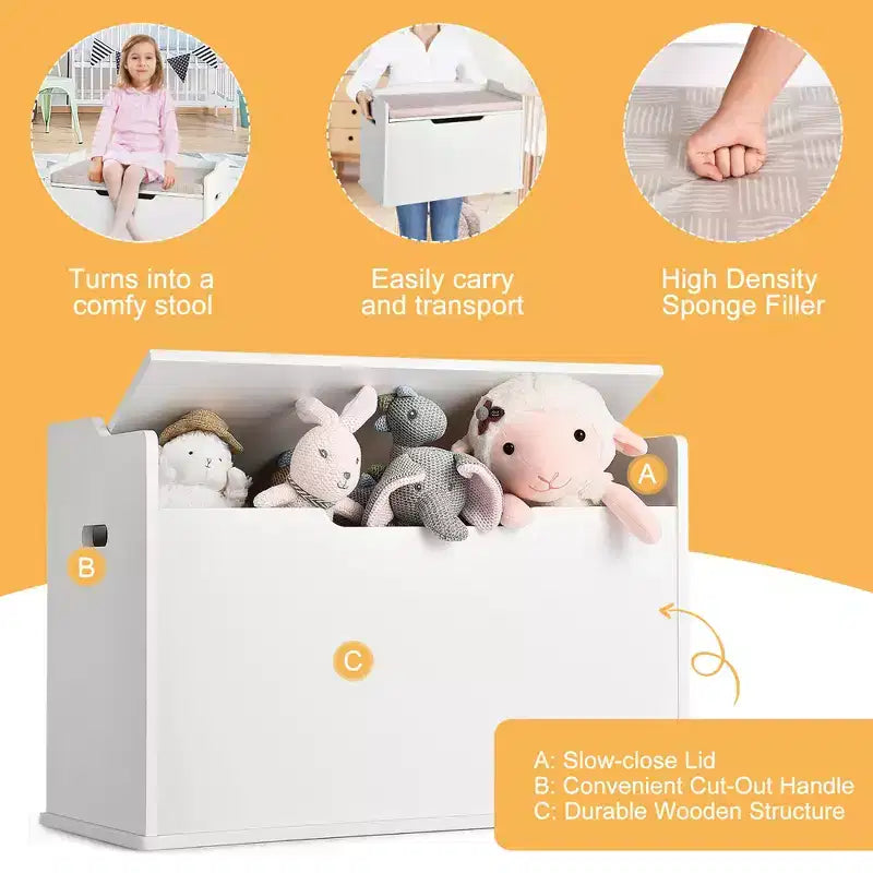 Wooden Toy Box Kids Storage Chest Lift Top Bench Seat with Cushion and Safety Hinge