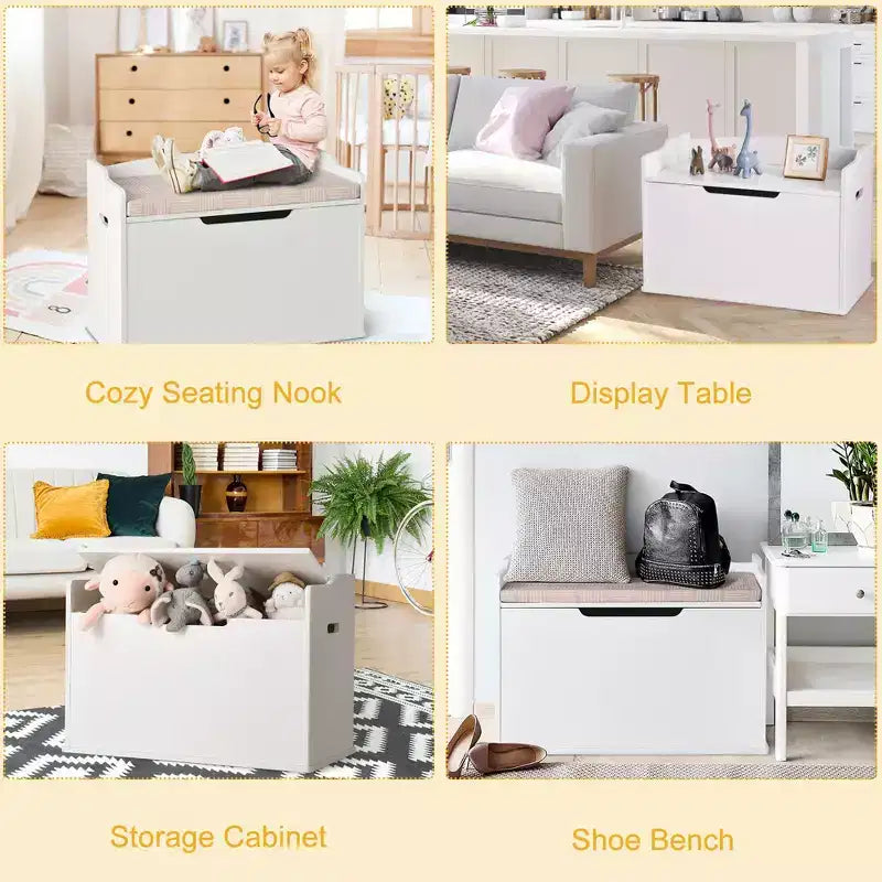 Wooden Toy Box Kids Storage Chest Lift Top Bench Seat with Cushion and Safety Hinge