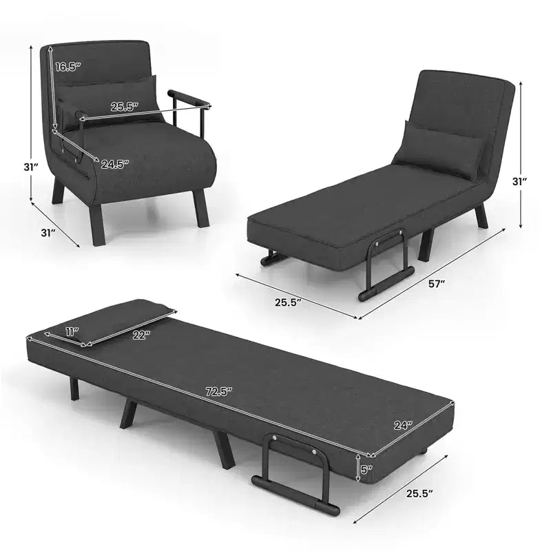 Folding 6 Position Armchair Lounge Couch Convertible Sleeper Bed with Pillow Gray