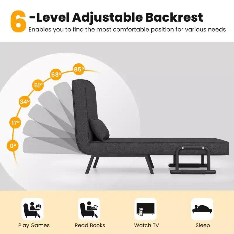 Folding 6 Position Armchair Lounge Couch Convertible Sleeper Bed with Pillow Gray