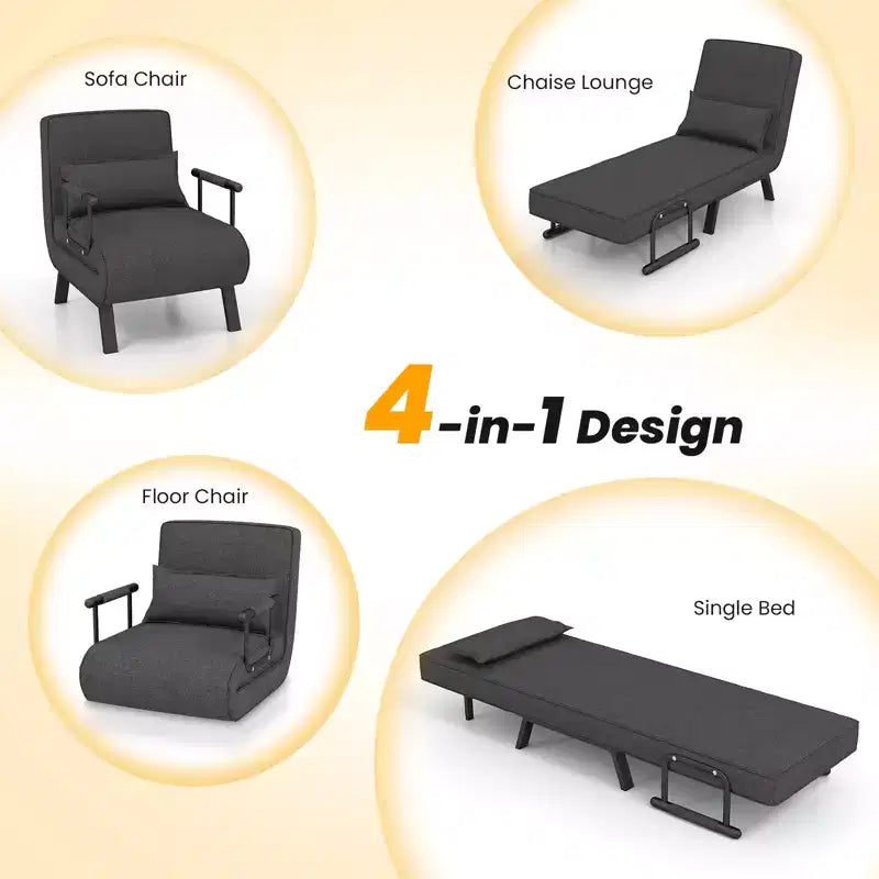 Folding 6 Position Armchair Lounge Couch Convertible Sleeper Bed with Pillow Gray