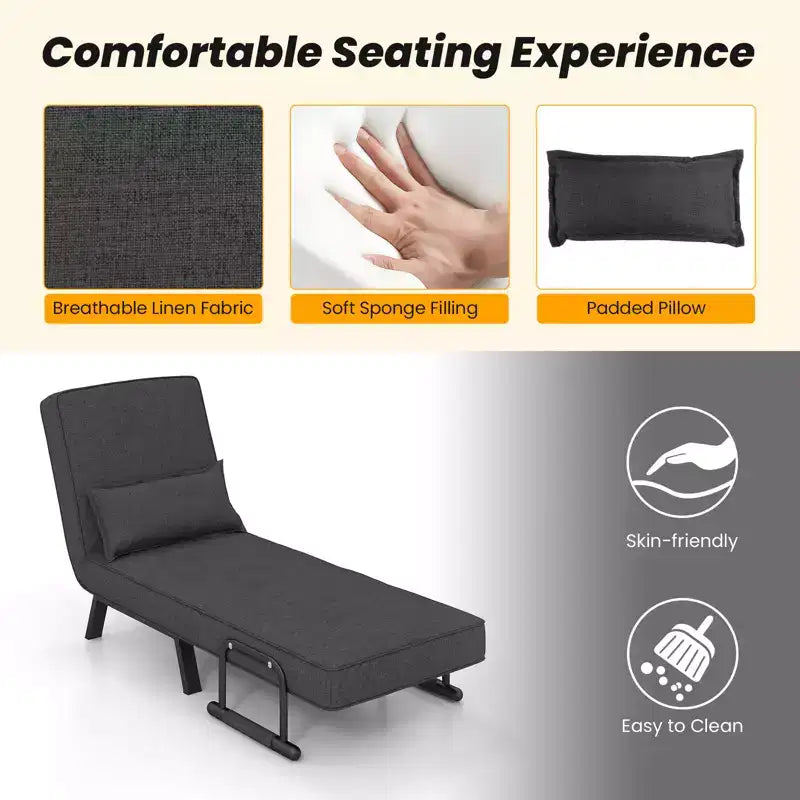 Folding 6 Position Armchair Lounge Couch Convertible Sleeper Bed with Pillow Gray