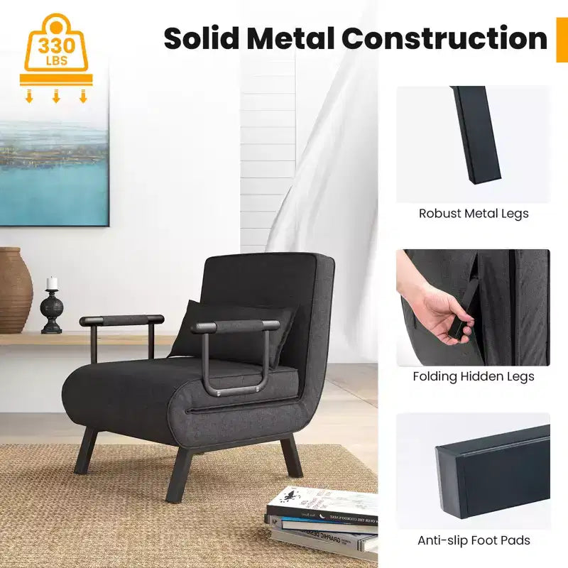 Folding 6 Position Armchair Lounge Couch Convertible Sleeper Bed with Pillow Gray