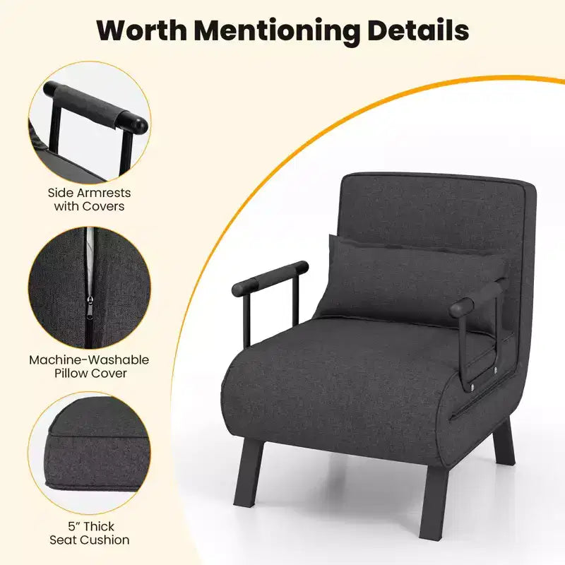 Folding 6 Position Armchair Lounge Couch Convertible Sleeper Bed with Pillow Gray