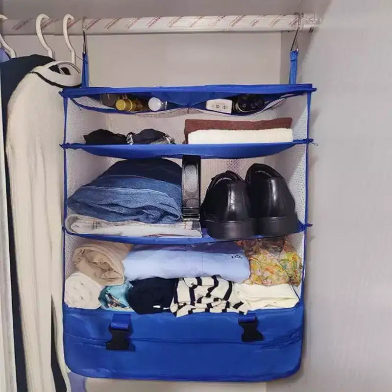 Space Saving Travel Luggage Organizer with Hanging Shelves and Laundry Compartment - Large