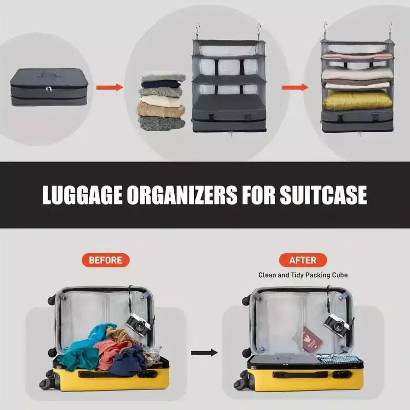 Space Saving Travel Luggage Organizer with Hanging Shelves and Laundry Compartment - Large