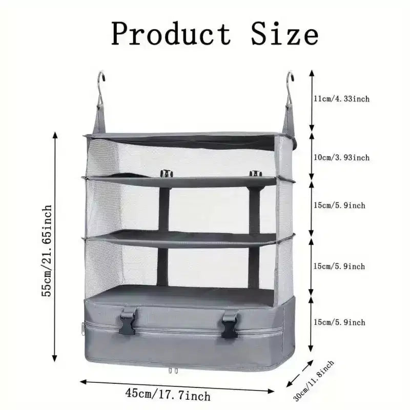 Space Saving Travel Luggage Organizer with Hanging Shelves and Laundry Compartment - Large