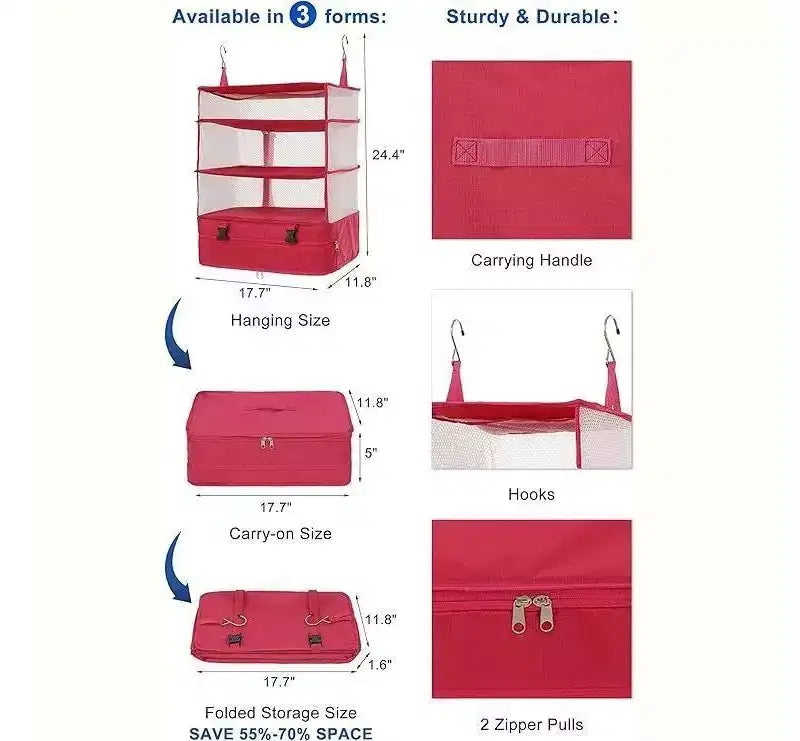 Space Saving Travel Luggage Organizer with Hanging Shelves and Laundry Compartment - Large