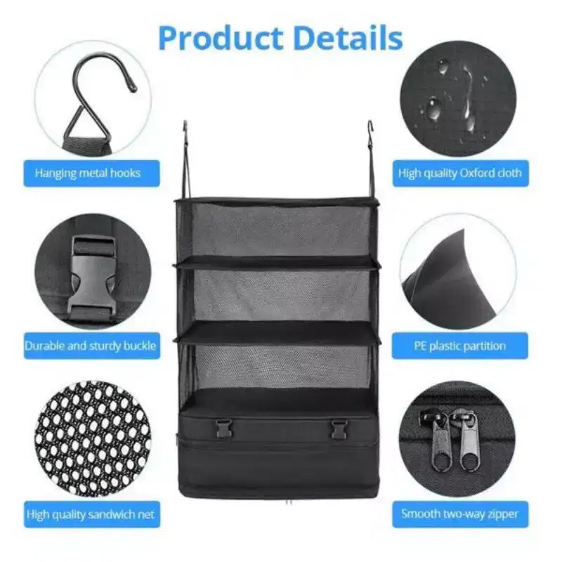 Space Saving Travel Luggage Organizer with Hanging Shelves and Laundry Compartment - Large