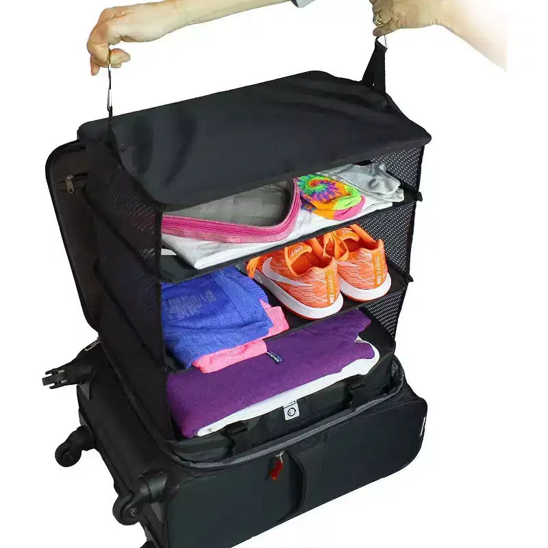 Space Saving Travel Luggage Organizer with Hanging Shelves and Laundry Compartment - Large