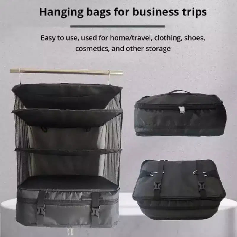 Space Saving Travel Luggage Organizer with Hanging Shelves and Laundry Compartment - Large