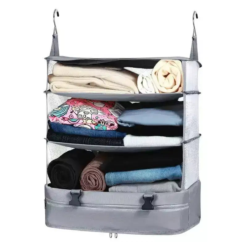 Space Saving Travel Luggage Organizer with Hanging Shelves and Laundry Compartment - Large