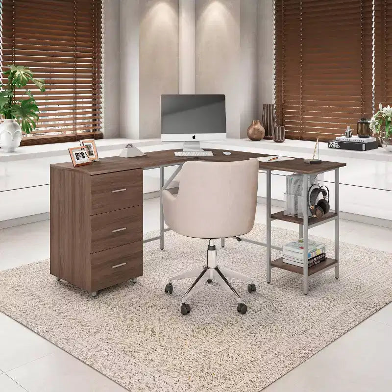 L Shape Home Office Two-Tone Desk with Storage