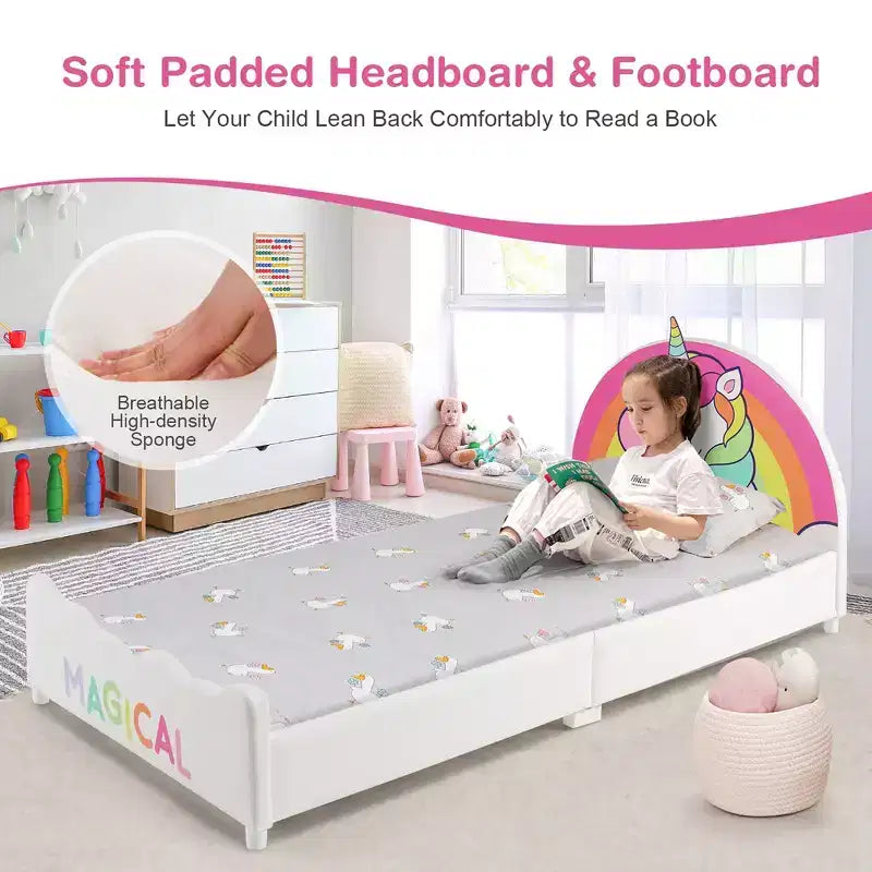 Kids Upholstered Platform Bed Twin Size Unicorn Pattern