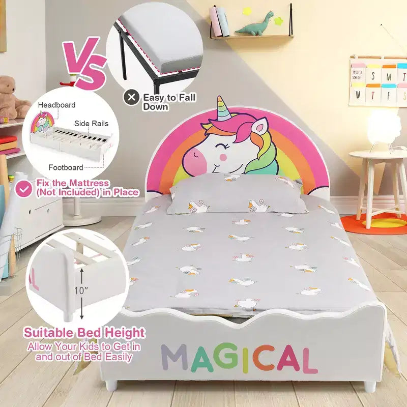 Kids Upholstered Platform Bed Twin Size Unicorn Pattern