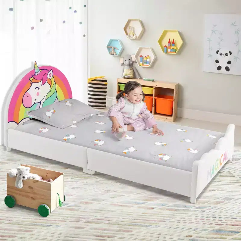Kids Upholstered Platform Bed Twin Size Unicorn Pattern