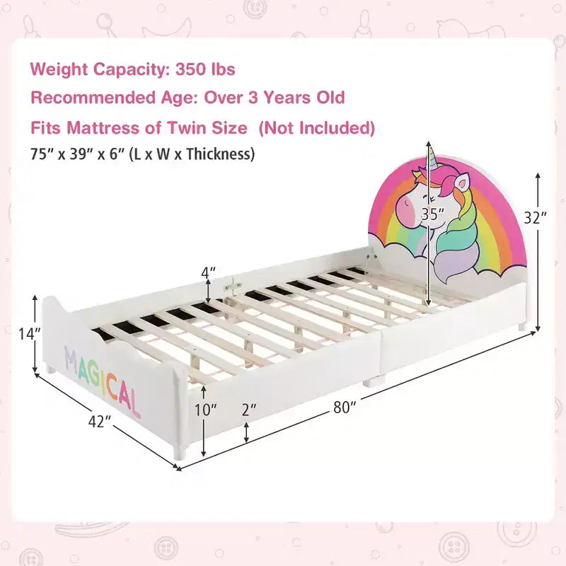 Kids Upholstered Platform Bed Twin Size Unicorn Pattern