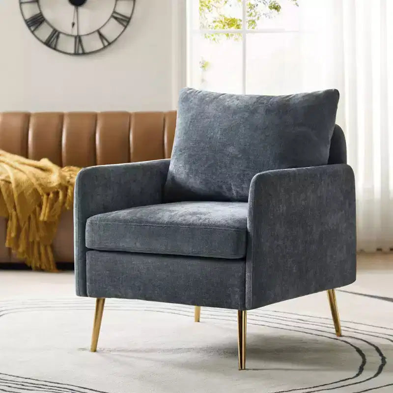 Wooden Upholstered Accent Chair Comfy Armchair with Metal Legs, Navy
