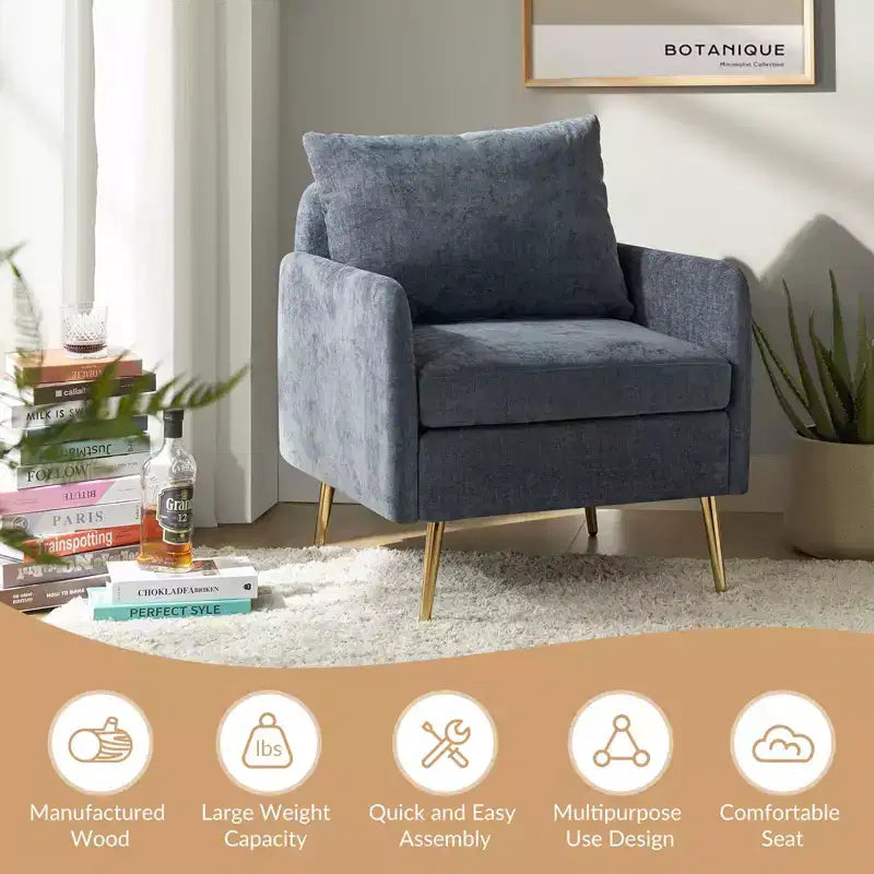 Wooden Upholstered Accent Chair Comfy Armchair with Metal Legs, Navy