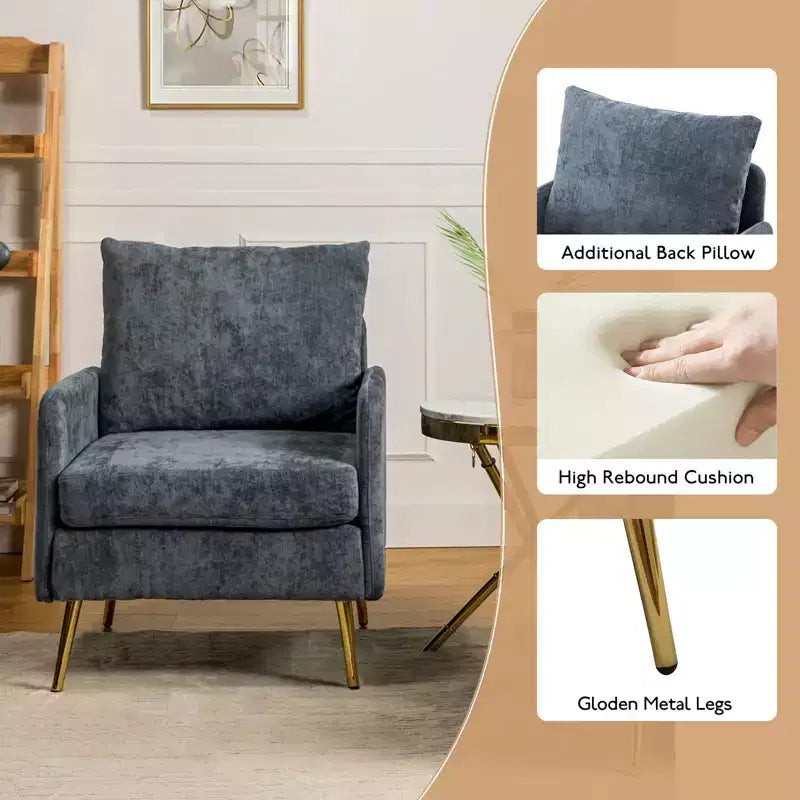 Wooden Upholstered Accent Chair Comfy Armchair with Metal Legs, Navy