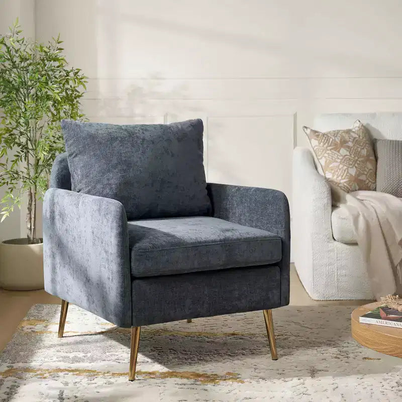 Wooden Upholstered Accent Chair Comfy Armchair with Metal Legs, Navy