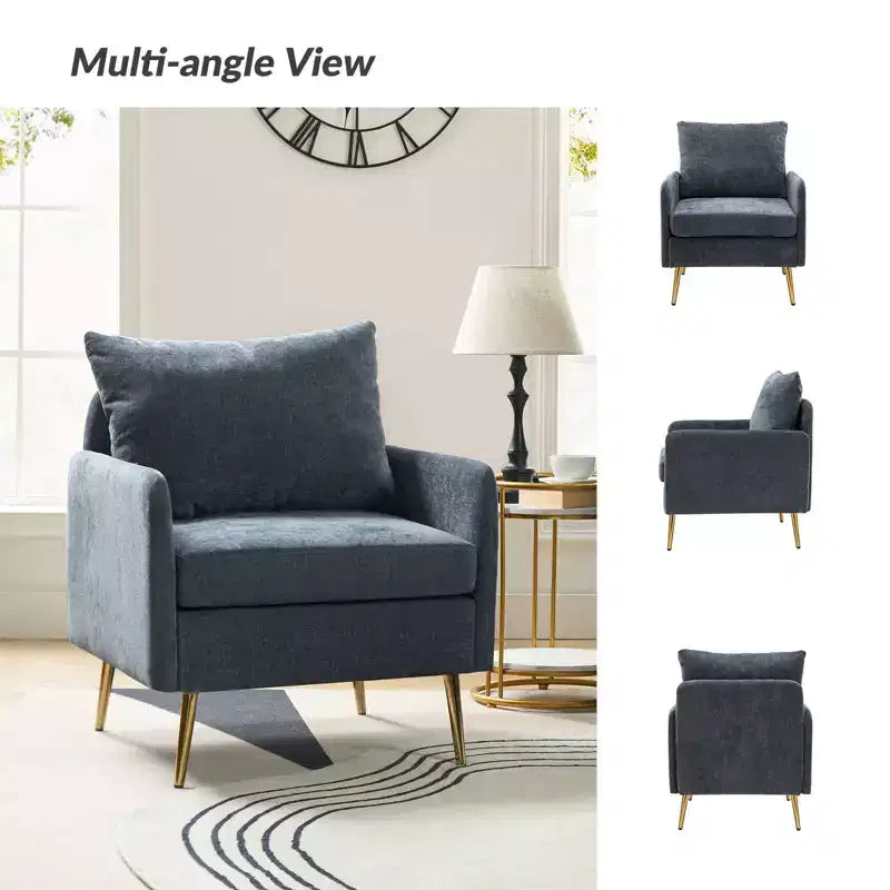 Wooden Upholstered Accent Chair Comfy Armchair with Metal Legs, Navy