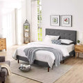 Upholstered Platform Bed with Square Stitch Headboard, Queen, Dark Grey