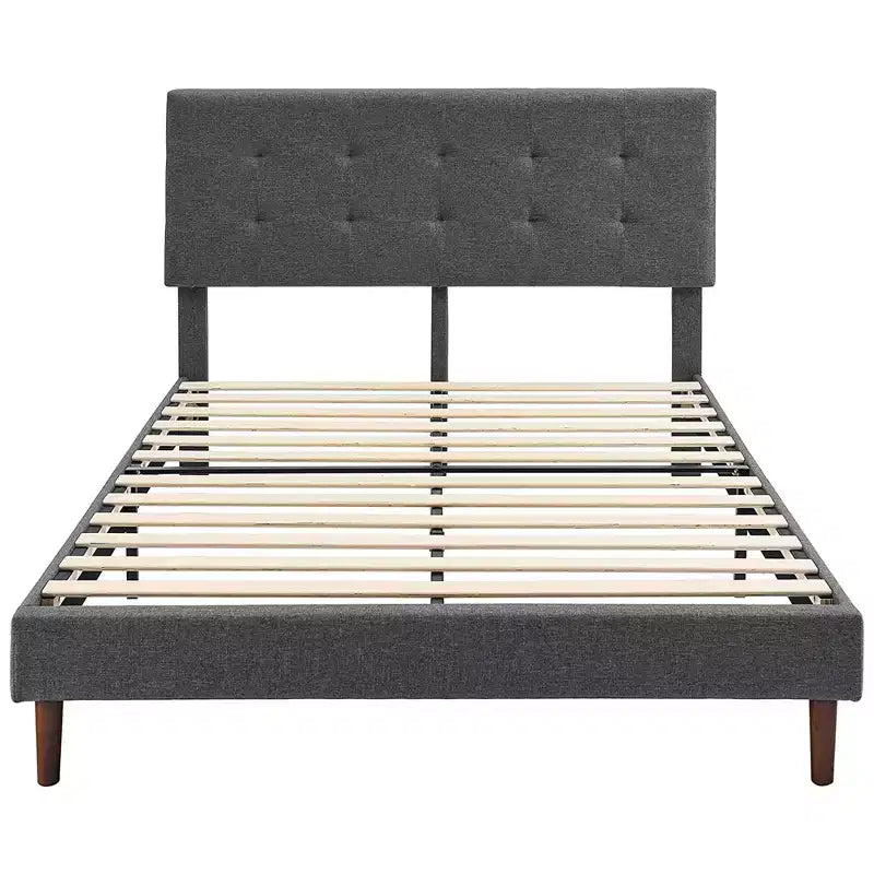 Upholstered Platform Bed with Square Stitch Headboard, Queen, Dark Grey