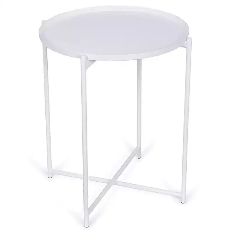 Ivory Metal Folding Side Table with Removable Tray
