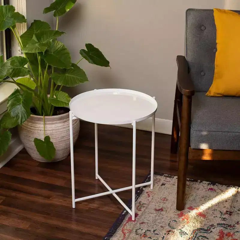 Ivory Metal Folding Side Table with Removable Tray