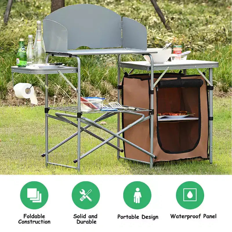 Foldable Camping Table Outdoor BBQ Portable Grilling Stand with Windscreen and Bag