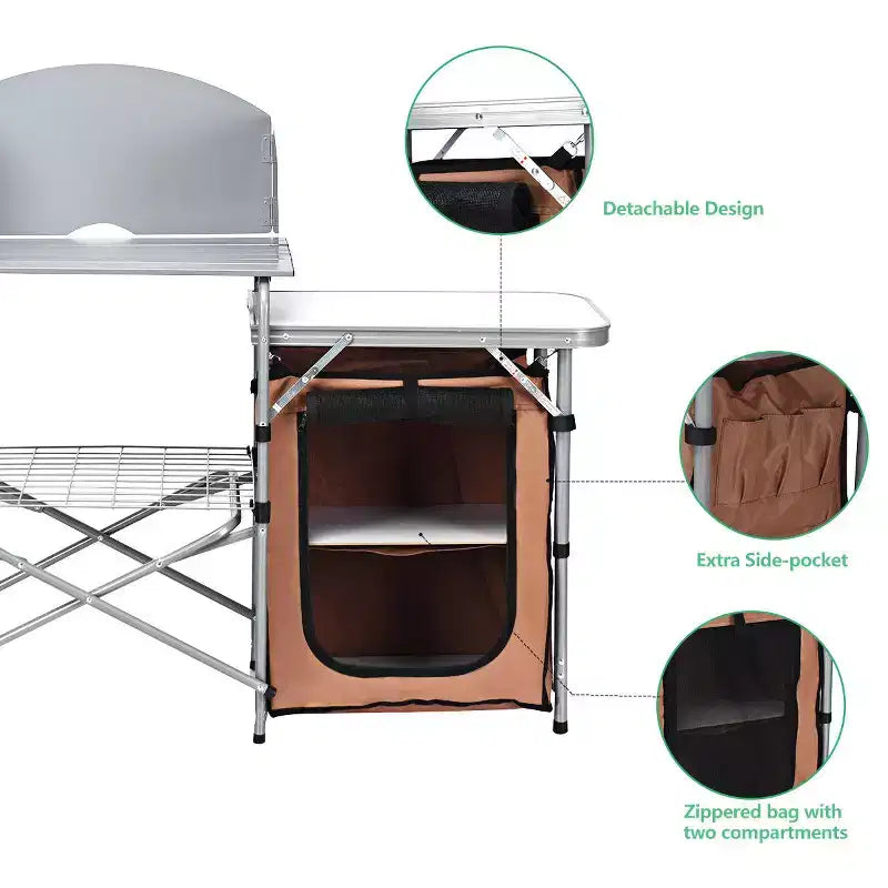 Foldable Camping Table Outdoor BBQ Portable Grilling Stand with Windscreen and Bag